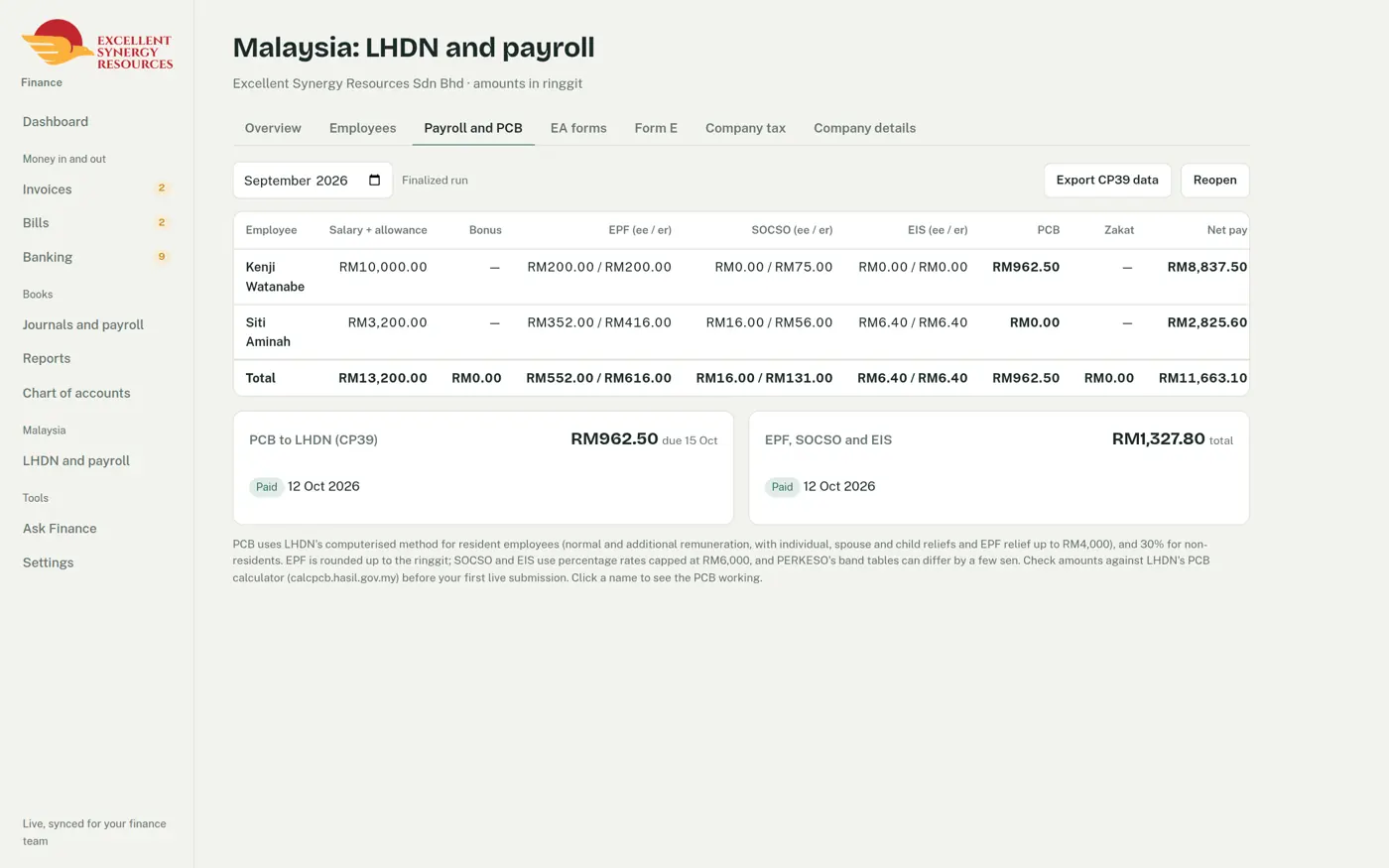 Malaysian payroll with EPF, SOCSO, EIS and PCB