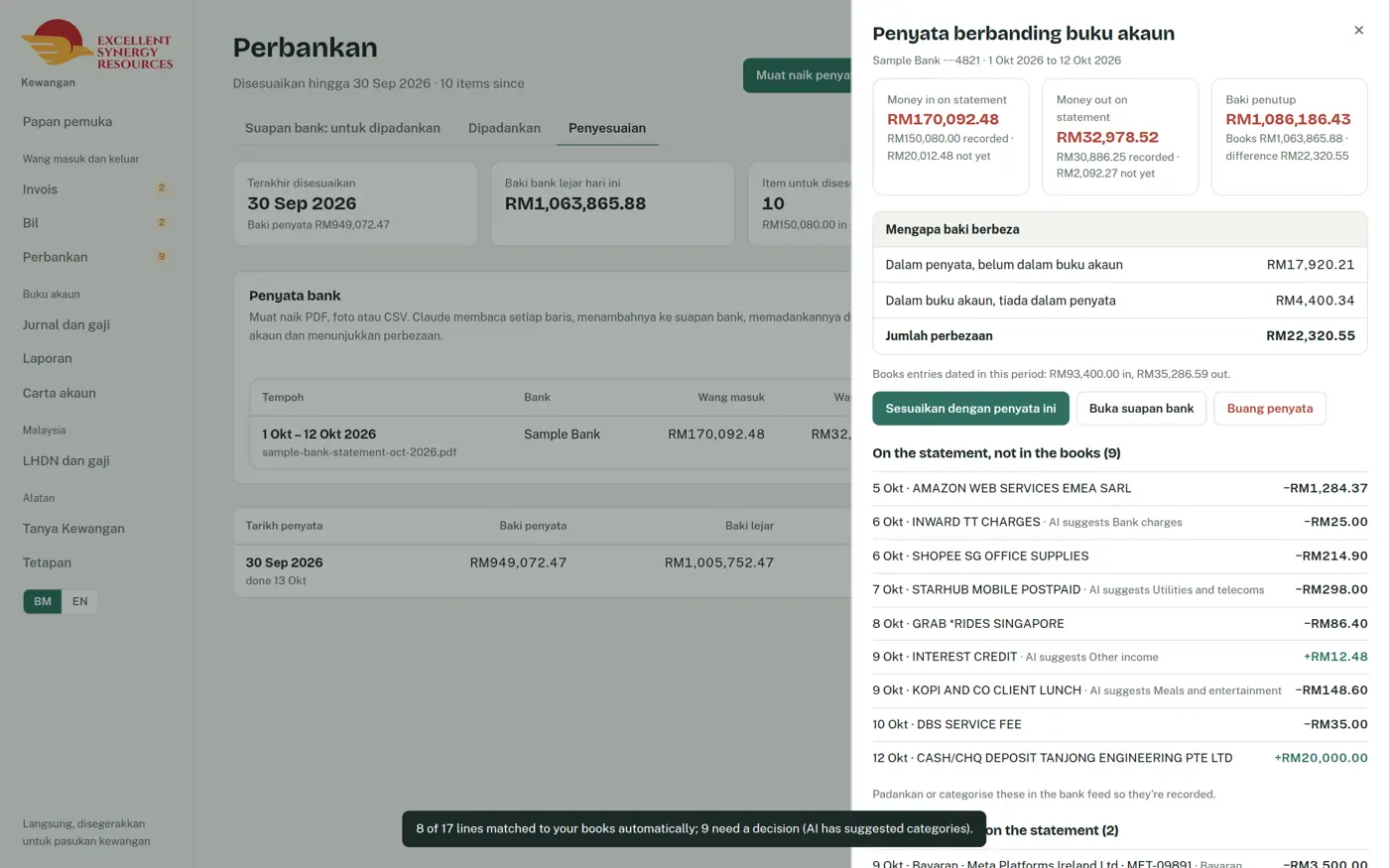 Penyata bank dibandingkan dengan buku akaun